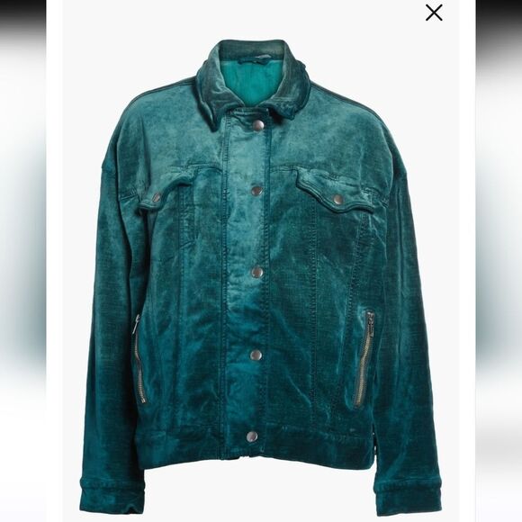 Free People Emerald Green Velvet Trucker Jacket with Silver Buttons Size Xs - Picture 7 of 16